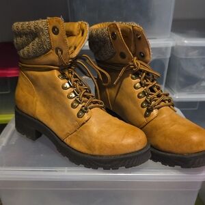 Altar'd State Tan Lace-Up Knit Cuff Ankle Boots